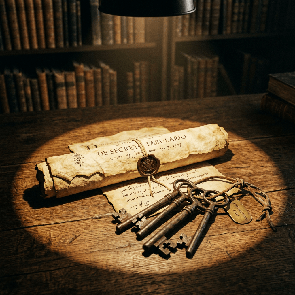 Old iron keys tied together with a leather string next to a sealed parchment scroll on wooden desk