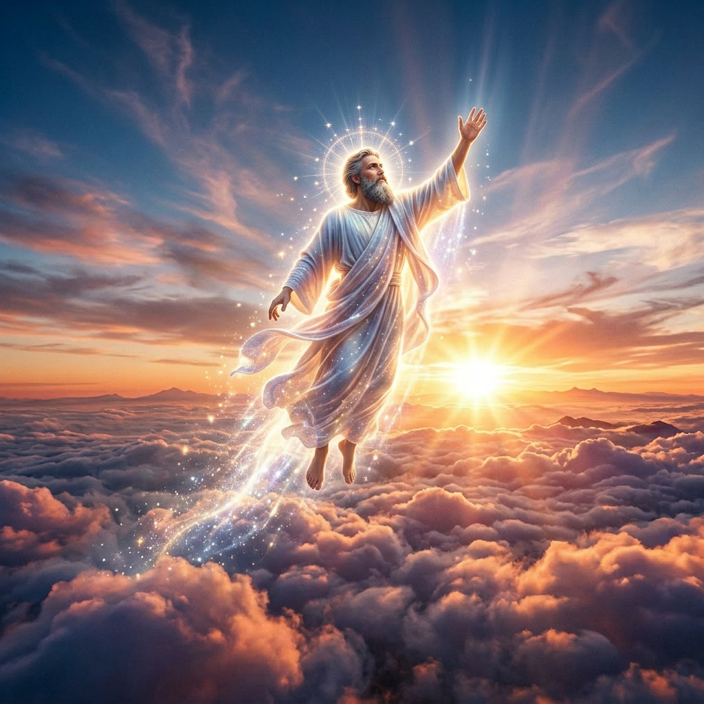 Glowing angelic figure rising above clouds with sunrise in background