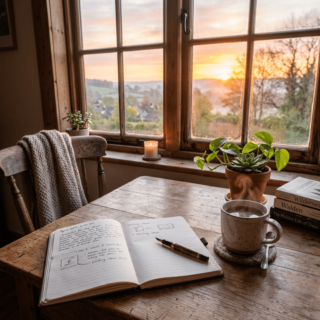 Open journal with pen on wooden table near steaming cup, plants, candle, and window showing sunrise