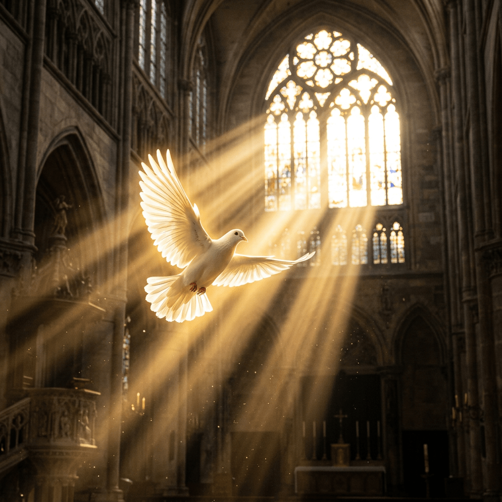 White dove flying inside a cathedral with sunlight streaming through stained glass windows