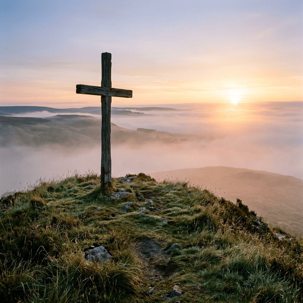 Wooden cross on grassy hilltop with sun rising over fog-covered valley