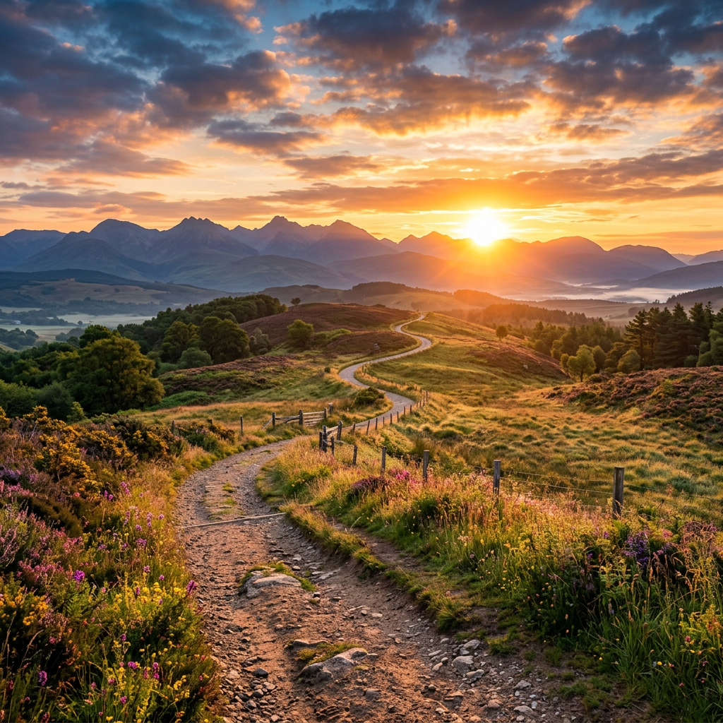 Winding dirt trail through hills with wildflowers and trees at sunset