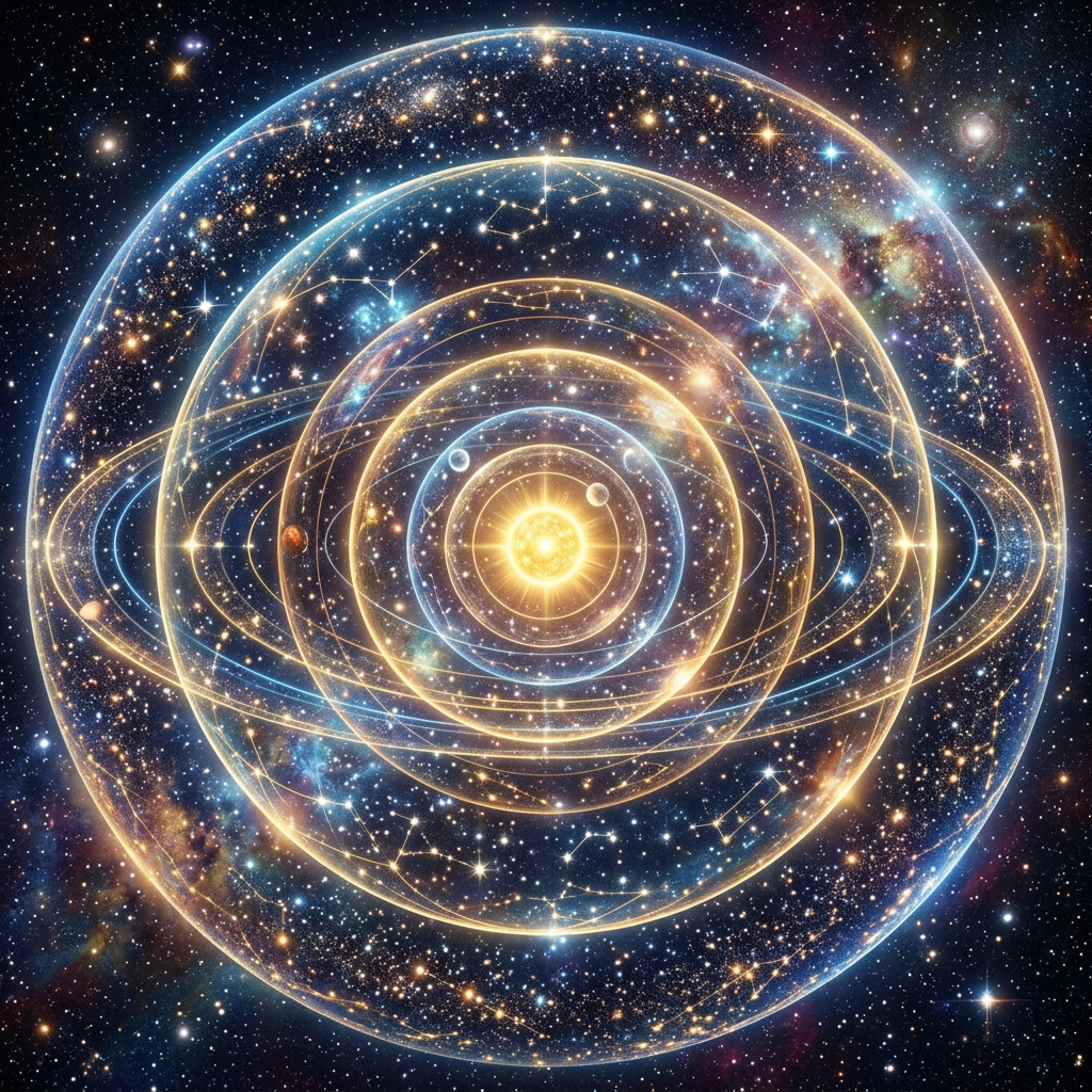 Celestial orrery with glowing planets and zodiac constellations in space