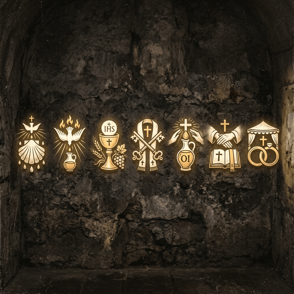 Seven illuminated Christian sacramental icons including a shell, dove, chalice, keys and stole, oil jar, handshake over Bible, and wedding rings in a chapel niche.