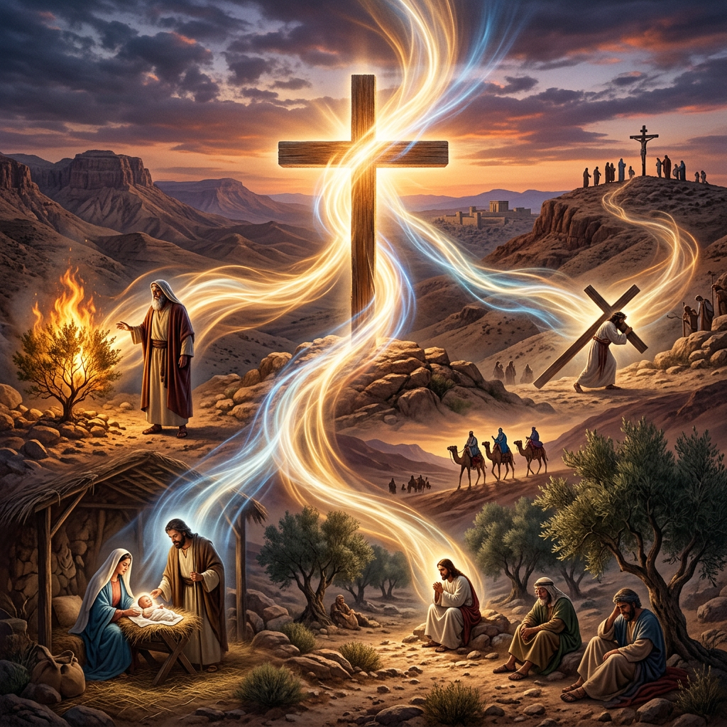 Scenes depicting the birth, baptism, prayer, crucifixion, and resurrection of Jesus Christ with a glowing cross at the center.