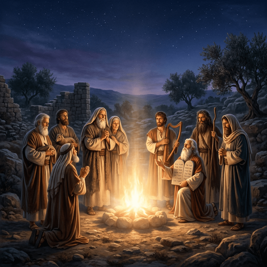 Ancient figures in robes gathered around a campfire with tablets, a harp, and a shepherd's staff under stars