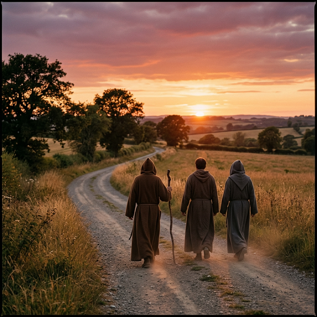 Three monks in robes walking on a dirt path at sunset through a rural landscape