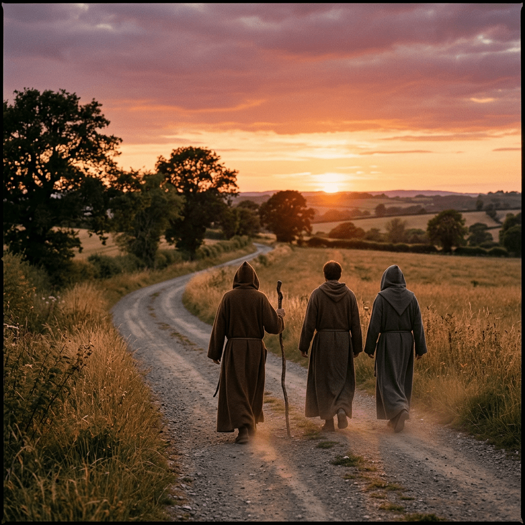 Three monks in robes walking on a dirt path at sunset through a rural landscape