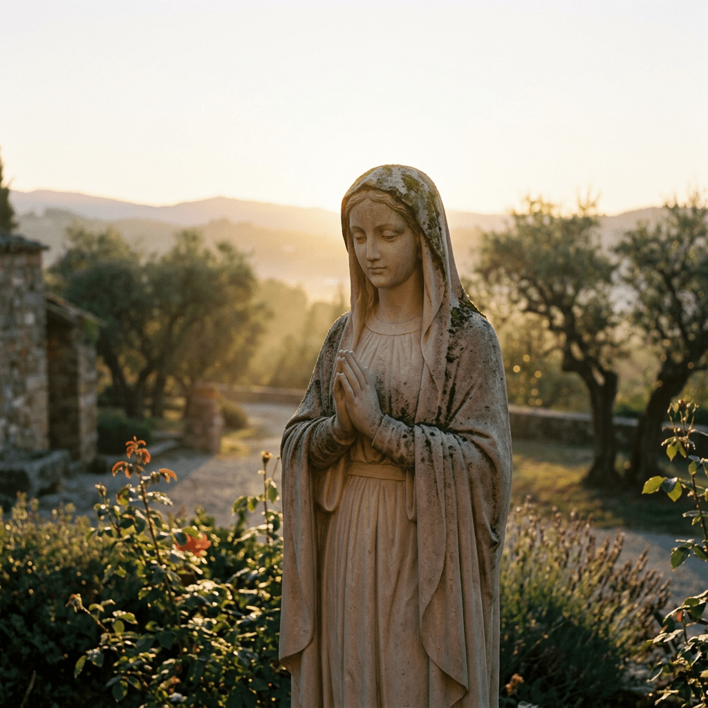 Statue of a woman with hands clasped in prayer in a garden at sunset